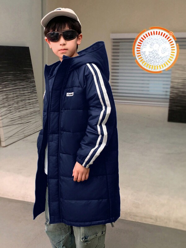 SHEIN Abrigo parka de invierno casual deportivo con parches y cinta para niños/preadolescentes, abrigo exterior tejido grueso y cálido con capucha de longitud media, adecuado para ir y venir, la escuela, el día a día, las vacaciones, los deportes, primavera/verano/otoño/invierno