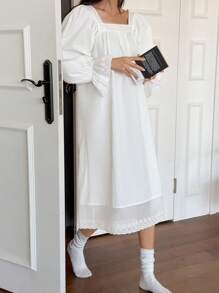 DAZY Spring Floral Lace Collar Ruffle Hem Nightgown Pajama - White - View 5