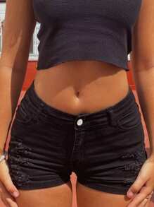 女式时尚修身破洞黑色牛仔短裤 - 黑色 - 查看 4