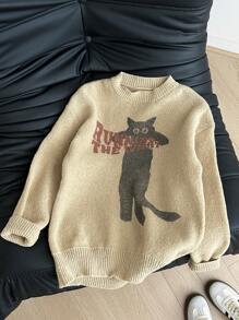 SHEIN EZwear Suéter de cuello redondo con estampado de gato lindo, apto para otoño/invierno