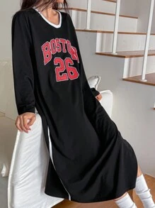 DAZY Camisón holgado con bloqueo de color e impresión de letras americanas casual para otoño e invierno