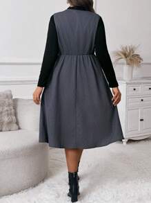 2pcs/Set Plus Size Women Casual Solid Woven V-Neck Cami Dress And Round Neck Ribbed Midi Dress, Spring - Dark Grey - View 2