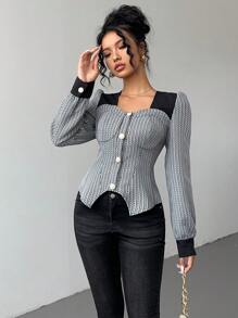 SHEIN Unity 女士秋冬休闲优雅通勤粗花呢拼布长袖短款衬衫 - 彩色 - 查看 6