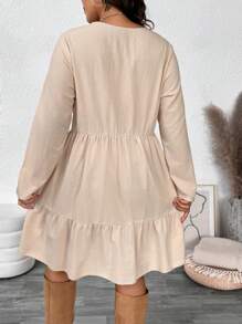 SHEIN VCAY Plus Size Casual Solid Color Patchwork Dress Valentine's Day Outfits Romantic - Apricot - View 2