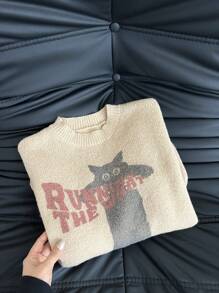 SHEIN EZwear Suéter de cuello redondo con estampado de gato lindo, apto para otoño/invierno