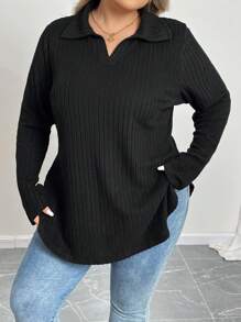 SHEIN CURVE+ Plus Size Women's Black Polo Collar Fitted Long Sleeve Casual Basic Polo Shirt-C