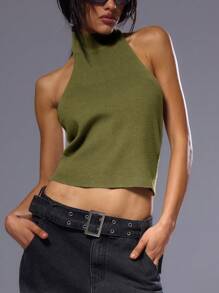 MUSERA High Neck Ribbed Backless Halterneck Knit Top For Spring Y2K 90's Casual Cute Winter - Green - View 5