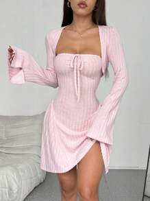Flirla 2 sztuki Elegancki zestaw sukienek Y2K Casual Brushed Ribbed Knit z długim rękawem