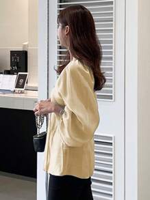 DAZY Women's V-Neck Cinched Waist Lantern Sleeve Loose Fashionable Blouse,Fall Clothes - Yellow - View 5