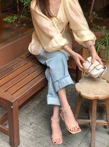 DAZY Women's V-Neck Cinched Waist Lantern Sleeve Loose Fashionable Blouse,Fall Clothes - Yellow - View 7