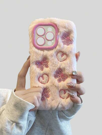 Kawaii Cute Plush Heart & Bow Phone Case Compatible With IPhone 13 Pro Max, XR, 7/8 Plus, 12, Suitable For Men & Women, Autumn/Winter