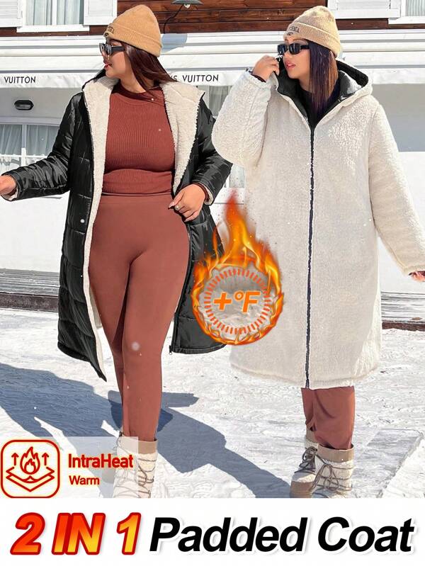 SHEIN EZwear Abrigo acolchado reversible con capucha y bolsillos para mujer de talla grande, de dos colores (negro y caqui), de tela de abrigo con forro de felpa, para otoño/invierno