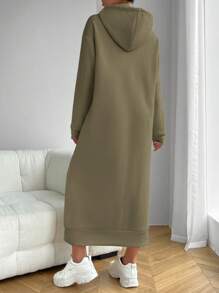 SHEIN Essnce Plain Color Drawstring Hooded Long Sweatshirt Dress, Casual Autumn/Winter
