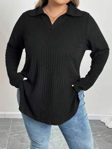 SHEIN CURVE+ Plus Size Women's Black Polo Collar Fitted Long Sleeve Casual Basic Polo Shirt-C
