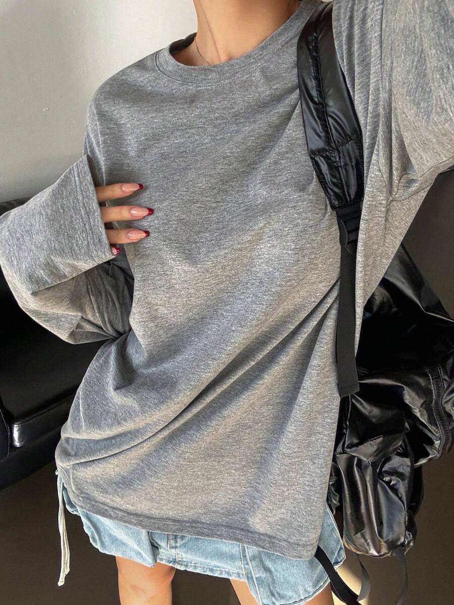 DAZY Solid Color Round Neck Loose Long Sleeve Long Length Women T-Shirt,Fall Clothes Preppy Tops