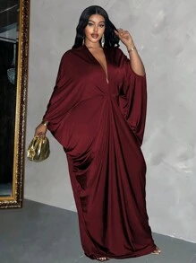 Allurite Plus Size Elegant Party Solid Batwing Sleeve Dress