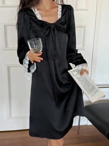 DAZY Camisón de satén con lazo 3D decorativo, con aplicación de encaje de color contrastante - Negro - Ver 6