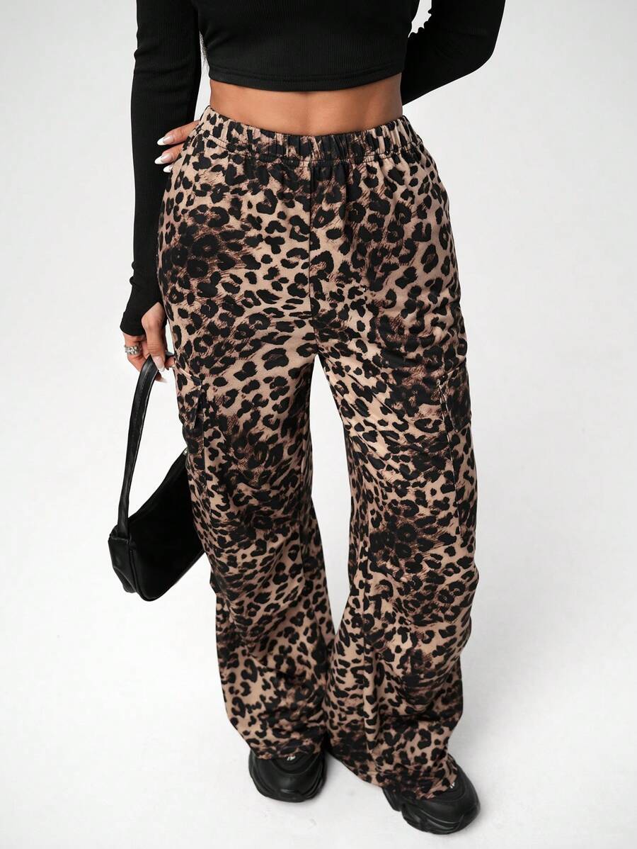SHEIN Quần nỉ xếp ly cạp chun họa tiết da báo cho bé gái tuổi teen - màu nâu - Xem 1
