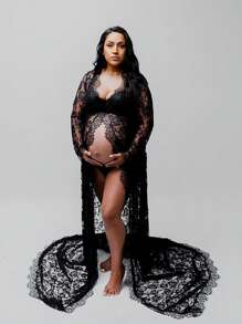 孕妇蕾丝连衣裙 深 V 领 前开衩 透视 适合摄影 拍摄 长袖 - 黑色 - 查看 3