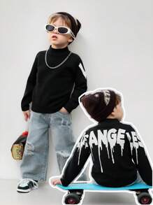 Camisa de manga larga con cuello alto para niños con estampado minimalista de letras, uso casual diario