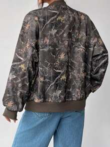 SHEIN EZwear Women's Autumn Branch Print Drop Shoulder Long Sleeve Single-Breasted Casual Baseball Jacket - Multicolor - View 2