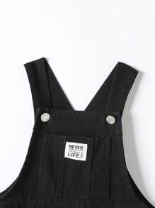 Young Boy Daily Casual All-Match Cute Simple Logo Relaxed Comfortable Side Pocket Black Denim Bib Overall Jeans - Black - View 5