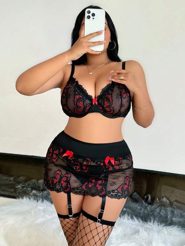 Set de 3 piezas de sujetador con aro de encaje sexy para el Día de San Valentín, talla grande