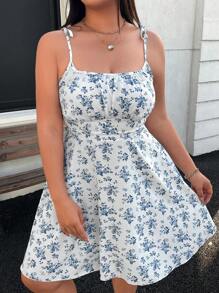 Celure Plus Size Women's Elegant Ditsy Floral Spaghetti Strap Ruched Bodice Bowknot Strap Fit And Flare Dress, For Summer, Easter Dress