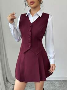 Elenzga Solid Color Sleeveless Vest & A-Line Pleated Skirt Suit