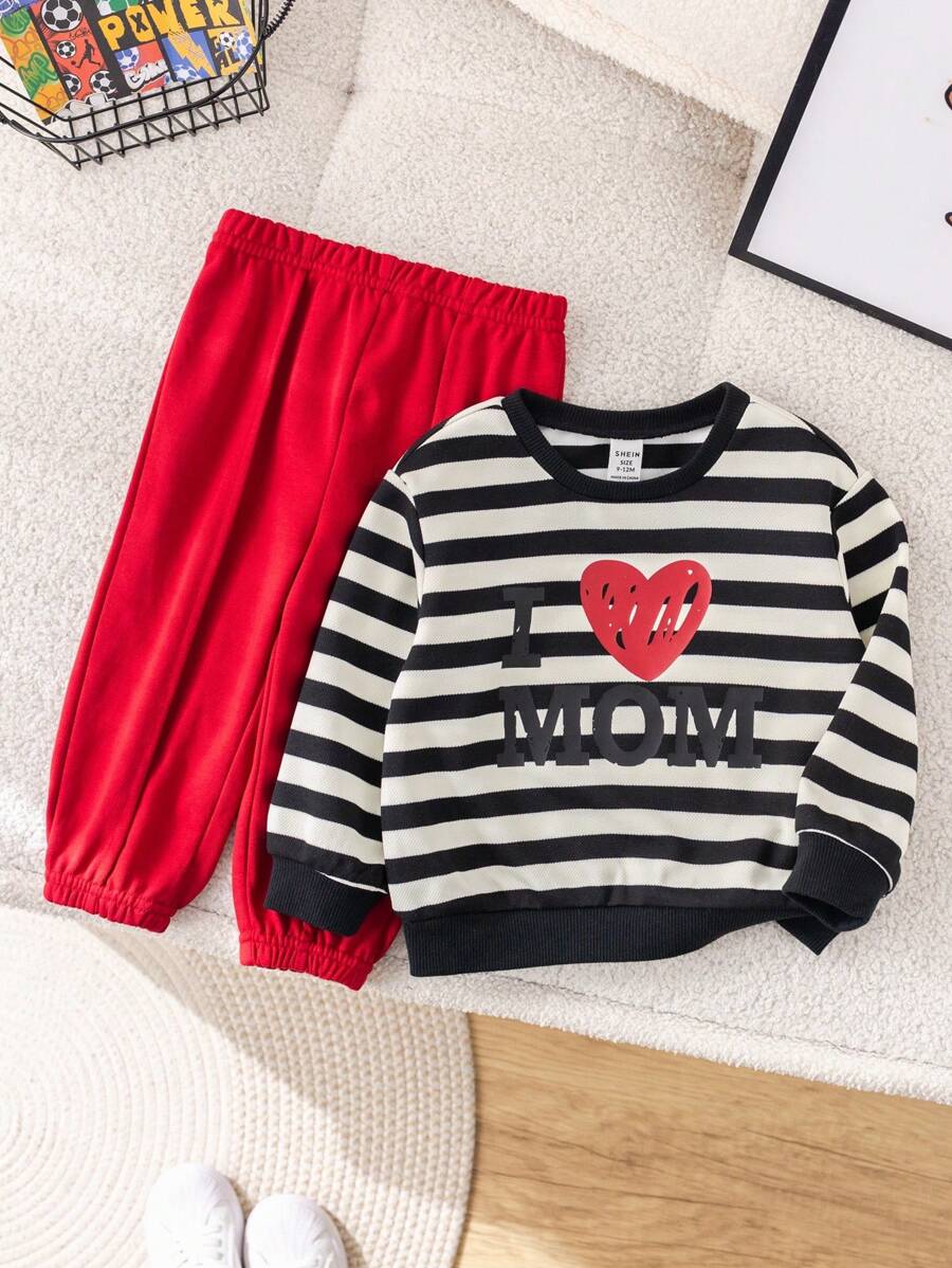 SHEIN 2 件套可爱男婴/女婴黑白条纹心形印花长袖运动衫和红色松紧腰长裤套装，婴儿洗礼情人节 - 彩色 - 查看 1