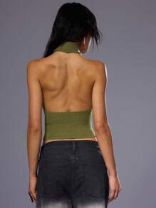 MUSERA High Neck Ribbed Backless Halterneck Knit Top For Spring Y2K 90's Casual Cute Winter - Green - View 3
