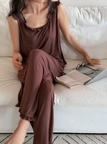 DAZY Solid Color Wood Frill Trim Decor Vest And Long Pants Loungewear Set Pajama - Coffee Brown - View 5
