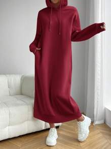 SHEIN Essnce New Year Women's Solid Color Drop Shoulder Long Sleeve Drawstring Hooded Maxi Sweatshirt Dress, Red,Autumn/Winter - Burgundy - View 5