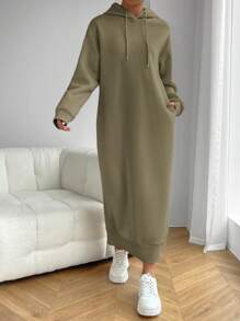 SHEIN Essnce Plain Color Drawstring Hooded Long Sweatshirt Dress, Casual Autumn/Winter