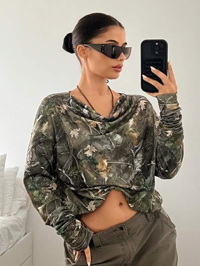 SHEIN ICON Y2K Vintage Women's Branch Printed Loose Drop Shoulder Fashion T-Shirt