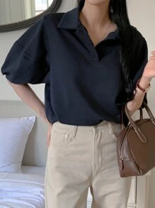 DAZY 夏季新款主教袖圆领短袖女式T恤，教师服装 - 藏蓝色 - 查看 1