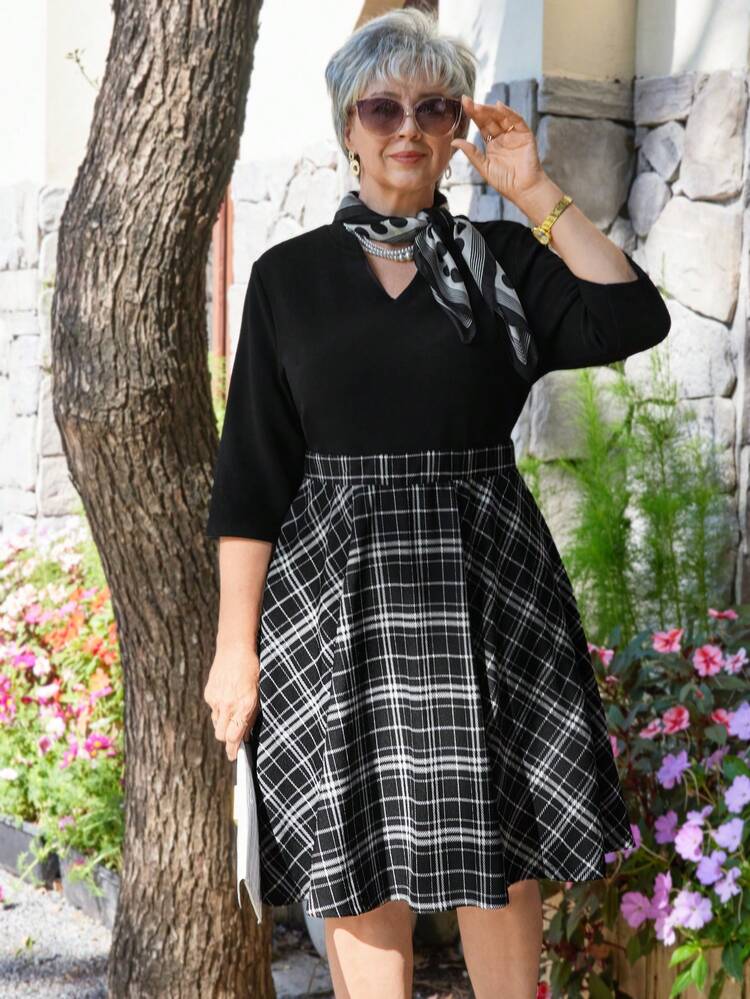 Plus Size Women's Plaid Patchwork V-Neck 3/4 Sleeve Grandma Elegant Dress,Winter Clothes For Women