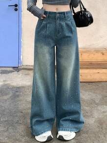 DAZY Jeans dritti casual ampi e plissettati da donna con decorazioni in strass