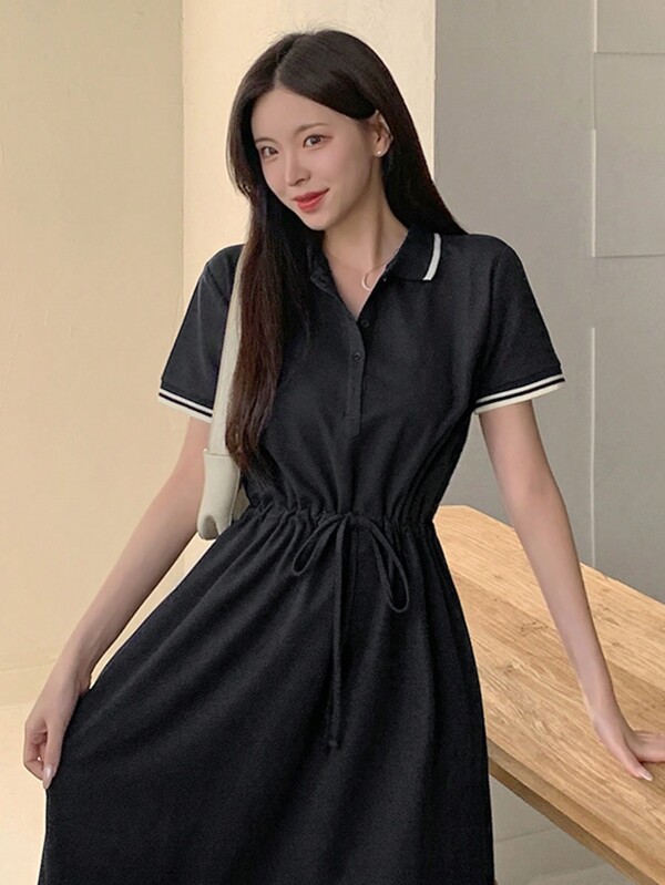 DAZY Women Collegiate Style Short Sleeve Waist Cinched Collar Mid-Length Dress Sundress Shirt Dress,Casual Women Dresses