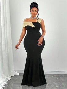 SOLERSUN 加大码不对称领口拼色修身优雅无袖连衣裙长款女装