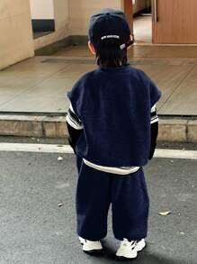 SHEIN Leap Crew 2pcs Kids Tween Boys Casual Letter Print Pullover Hoodie With Vest And Relaxed Fit Drawstring Sweatpants Set - Navy Blue - View 6