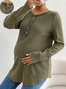 SHEIN Maternity Solid Color Round Neck Long Sleeve Button Half Placket Casual T-Shirt For Autumn