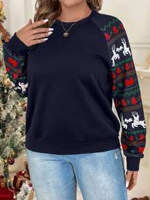 SHEIN VCAY Plus-Size Autumn And Winter Long Sleeve Warm Plus Size Christmas Print Sweatshirt, Christmas Outfit, Outing And Party Wear, Casual Clothing, Sleeve-Print Warm Sweatshirt