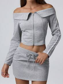 Hanevo Women's Casual Fashion Off Shoulder Top With Zipper Side Panel & Tie-Waist Pleated Hem A-Line Skirt 2 Pieces Set Sportwear For Daily Wear - Grey - View 3