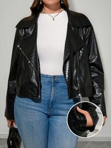 SHEIN Privé Plus Size Elegant Casual Personalized High Street Music Festival Long Sleeve Jacket, Lapel Collar Pockets PU Embossed Jacket, Suitable For Holiday, New Year, Party, Office Fairy - Black - View 3