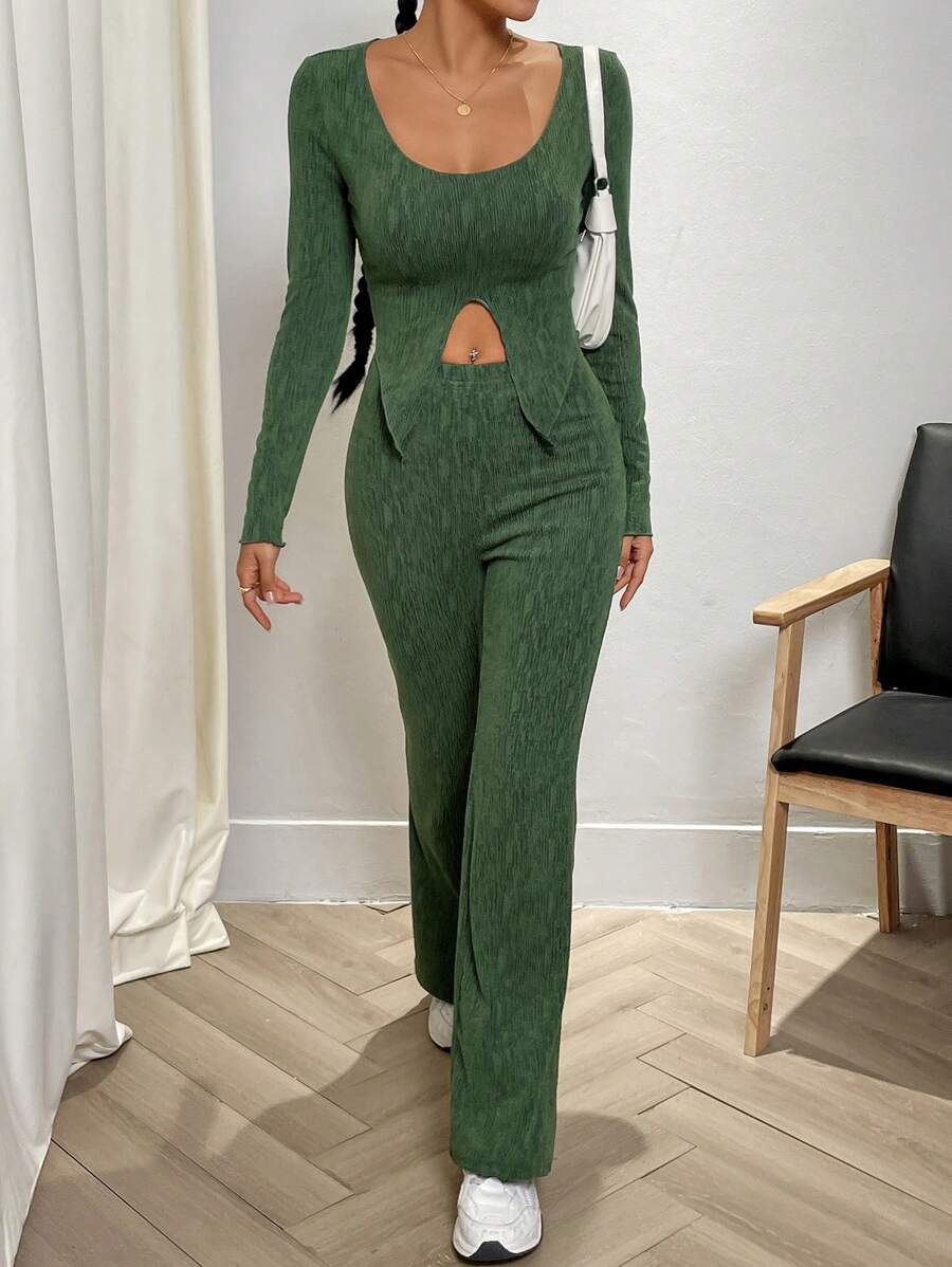 SHEIN ChicEase 2件套圆领纯色长袖上衣和裤子套装 - 彩色 - 查看 1