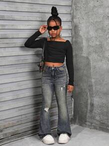 SHEIN Tween Girls Y2K Fashion Retro Stonewashed Ripped Flared Leg Jeans - Medium Wash - View 4