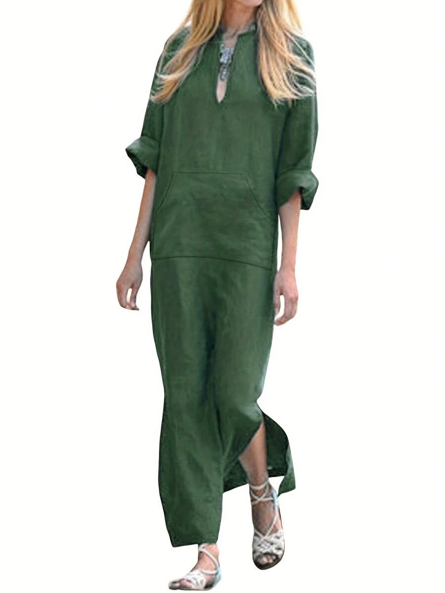 Casual Straight Solid Color Deep V-Neck Slit Pocket Dress For Women - Army Green - View 1