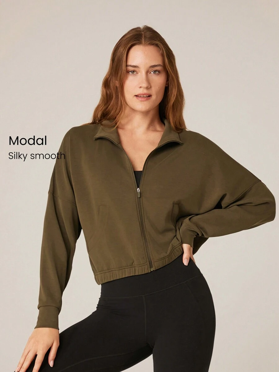 GLOWMODE Modal Soft Lapel High Collar Elastic Hem Long Sleeve Jacket With Side Pockets Daily Casual - Army Green - View 1