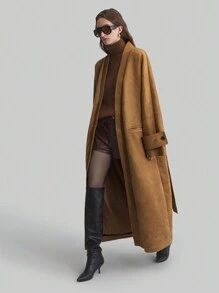 Ontre 2025 New Women's Brown Long Sleeve Casual Loose Collar-Less Trench Coat, Elegant Oversized Outerwear, For Women, Spring, Valentine's Day